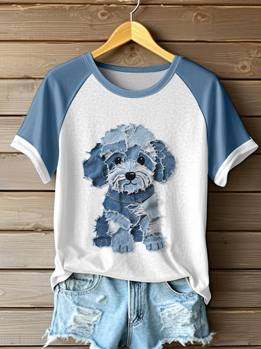 Frauen niedliches Hunde muster Patchwork Kunst T-Shirt