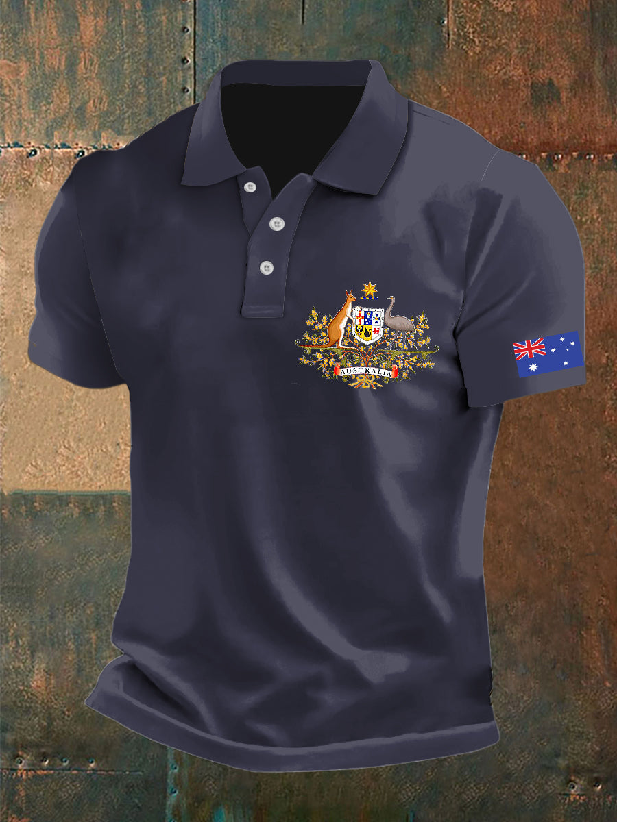 Men's Vintage Australian Flag Crest Printed Casual Cotton Short Sleeve Polo Shirt
