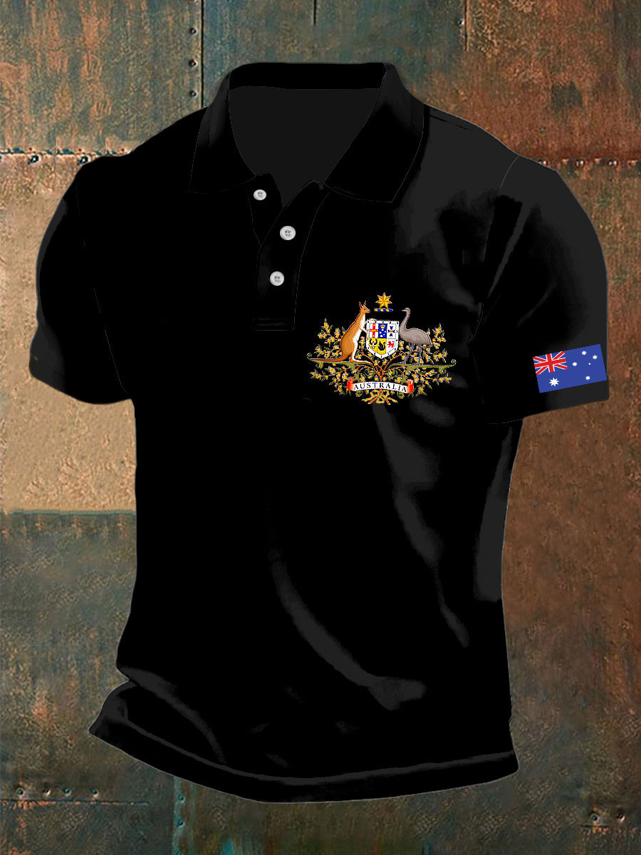 Men's Vintage Australian Flag Crest Printed Casual Cotton Short Sleeve Polo Shirt