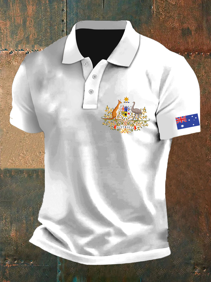 Men's Vintage Australian Flag Crest Printed Casual Cotton Short Sleeve Polo Shirt