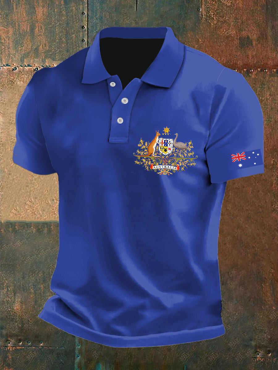 Men's Vintage Australian Flag Crest Printed Casual Cotton Short Sleeve Polo Shirt