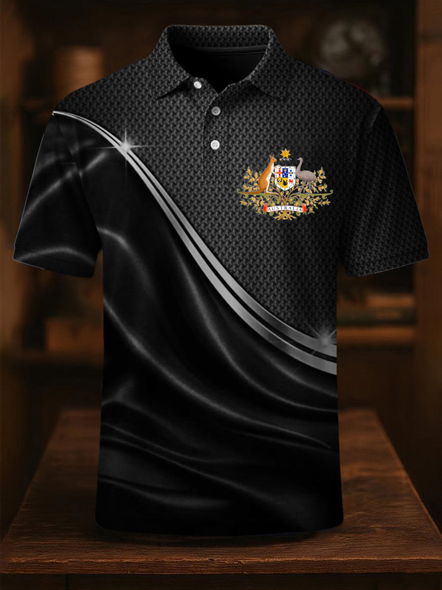 Men's Vintage Australian Flag Coat of Arms Lines Printed Casual Cotton Short Sleeve Polo Shirt
