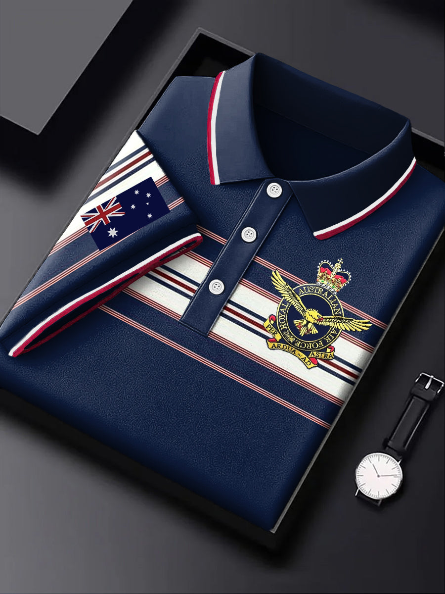 Men's Australia Flag Emblem Stripe Printed Casual Business Polo Shirt