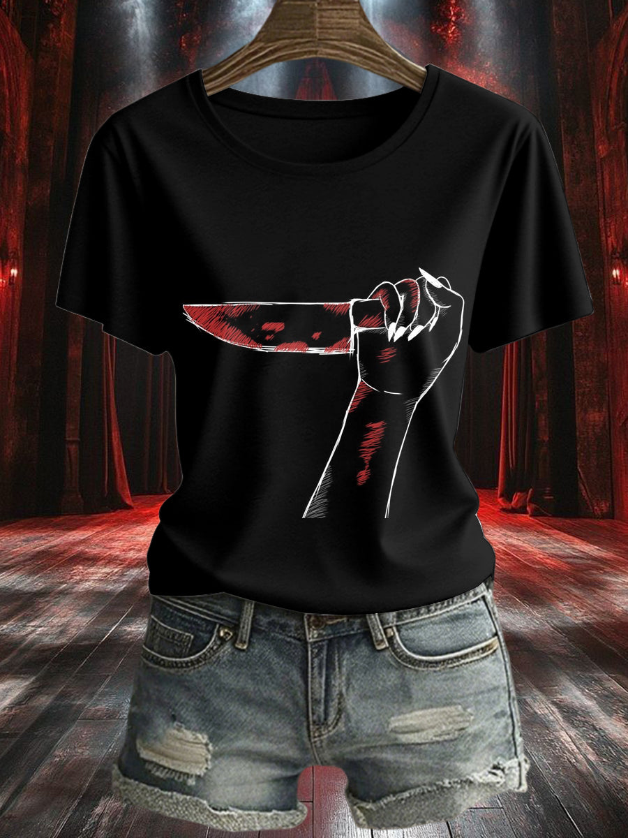 Women's Halloween Holding A Knife Printed Vintage Fashion Loose Short Sleeve T-Shirt