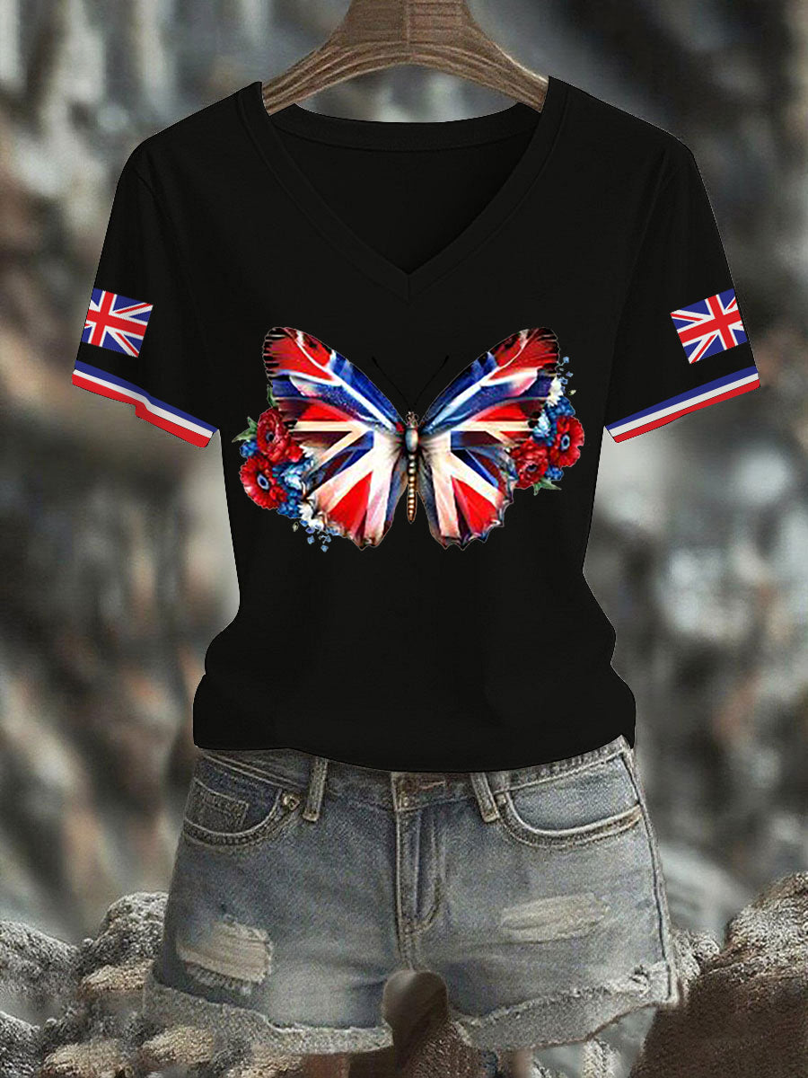 Women's Vintage England Flag Casual Printed V-neck T-shirt