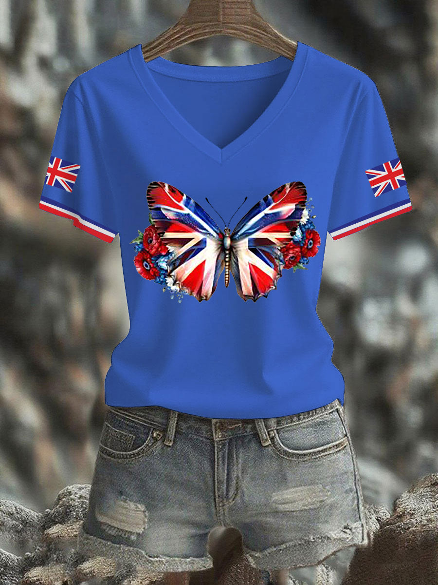 Women's Vintage England Flag Casual Printed V-neck T-shirt