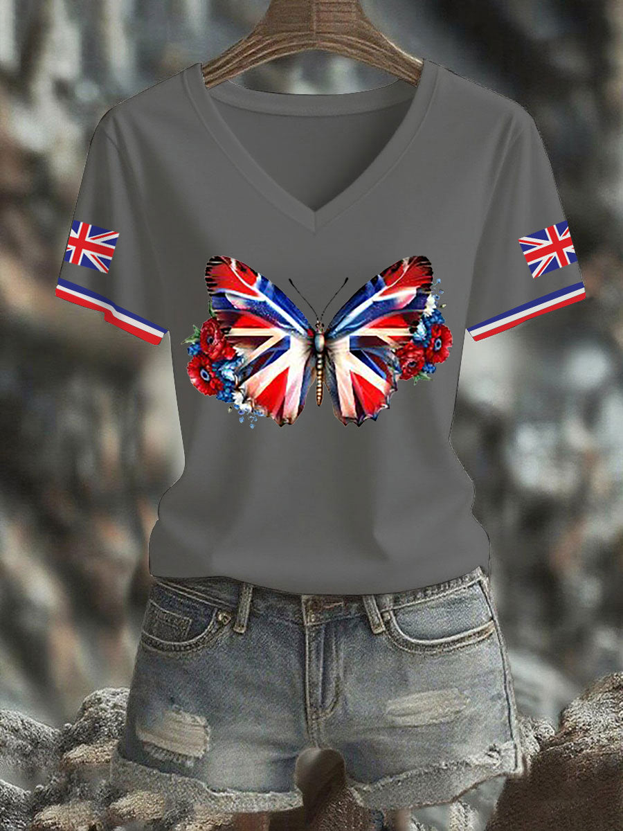 Women's Vintage England Flag Casual Printed V-neck T-shirt
