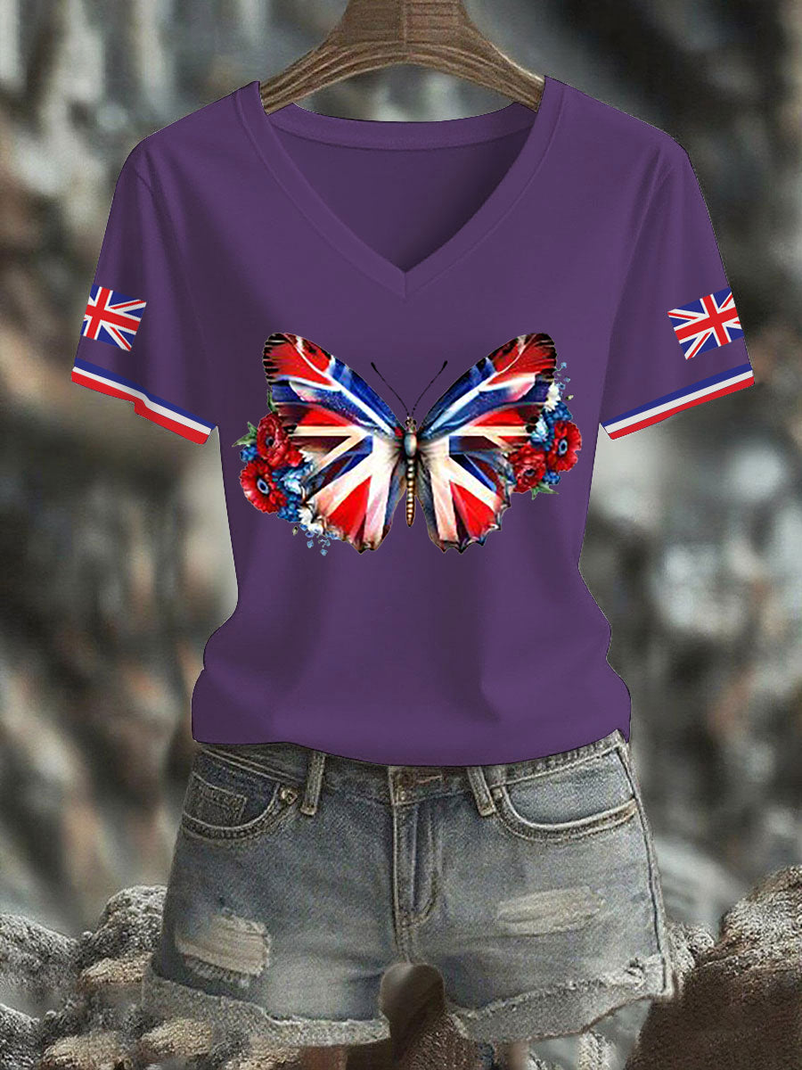 Women's Vintage England Flag Casual Printed V-neck T-shirt