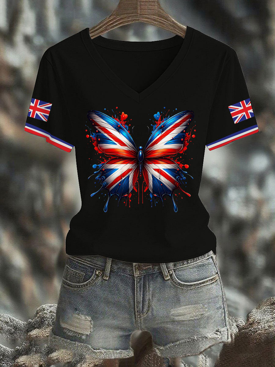 Women's Vintage England Flag Casual Printed V-neck T-shirt