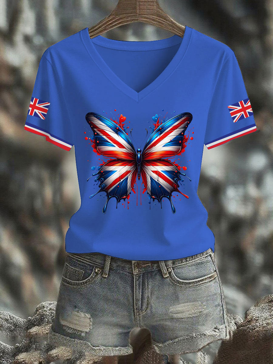 Women's Vintage England Flag Casual Printed V-neck T-shirt