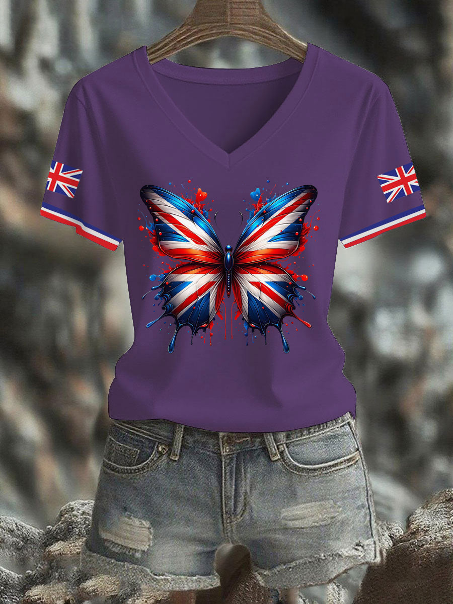 Women's Vintage England Flag Casual Printed V-neck T-shirt
