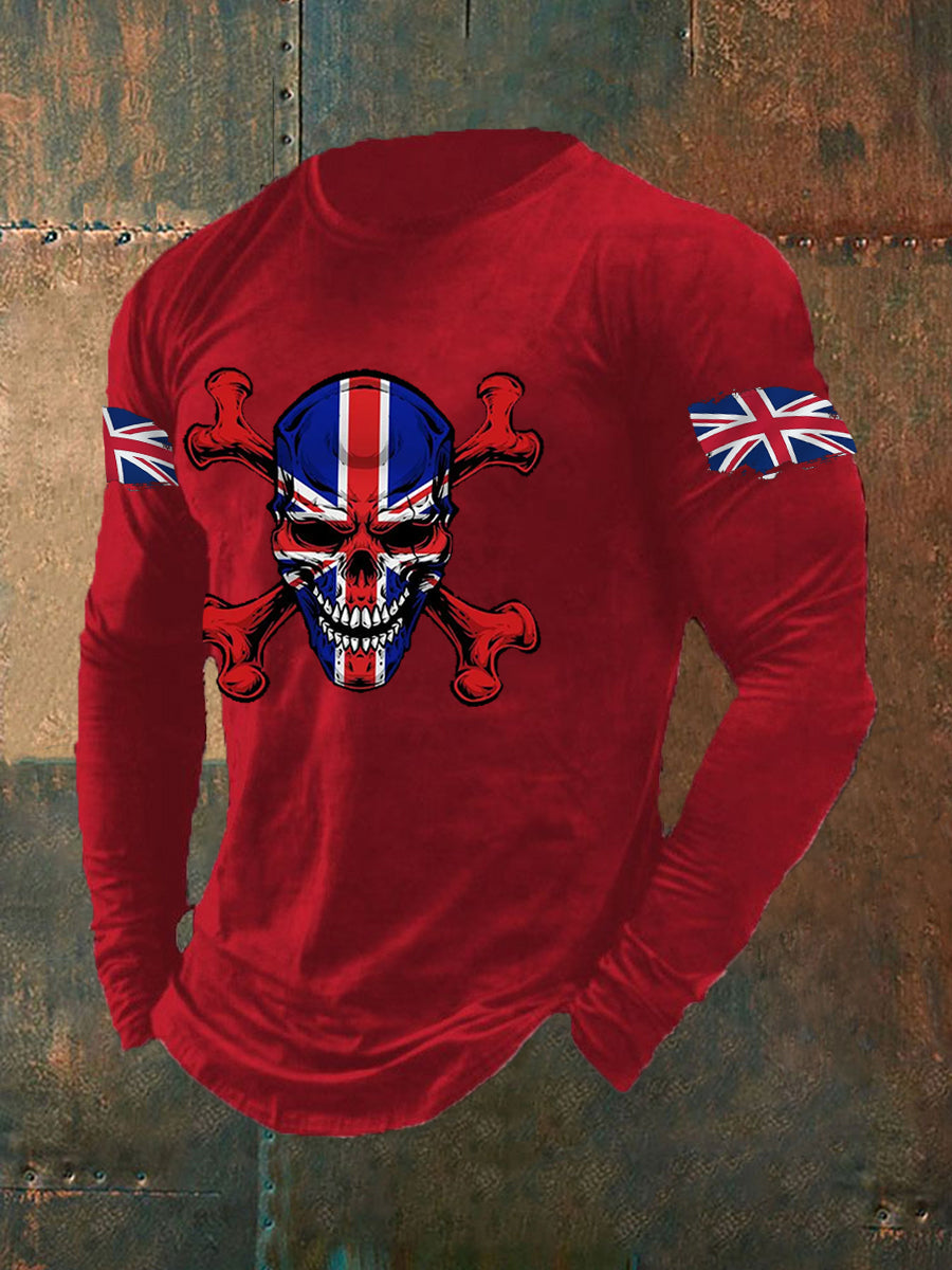Men's UK Flag Skull Print Casual Long Sleeve T-Shirt