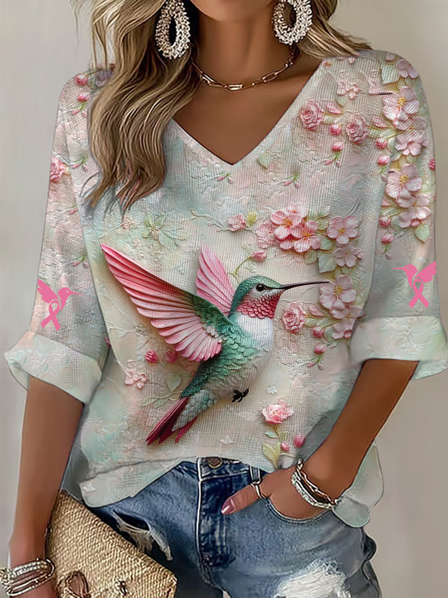 Women's Breast Cancer Awareness Hummingbird Floral Long Sleeve Top