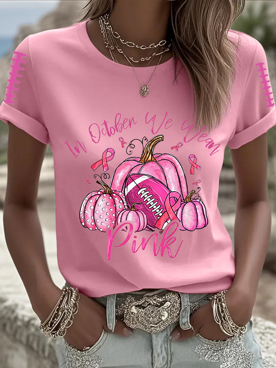 Women's Breast Cancer Awareness Football Pink Out Pink Ribbon Print T-shirt