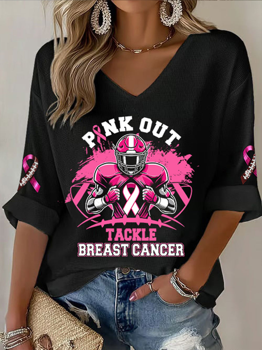Women's Breast Cancer Awareness Football Pink Out Pink Ribbon Print Waffle T-shirt