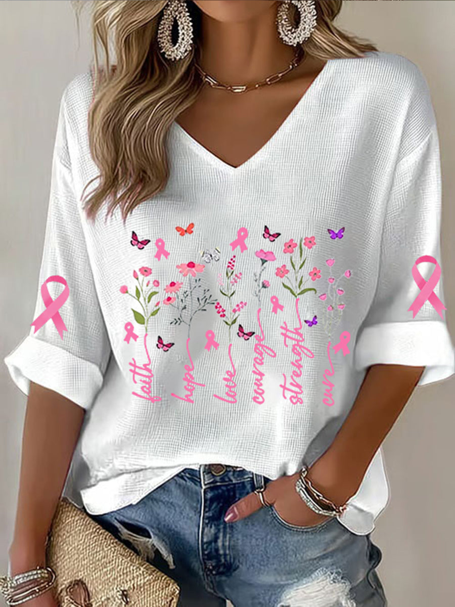 Women's Breast Cancer Awareness Pink Ribbon Faith Printed V-Neck Top