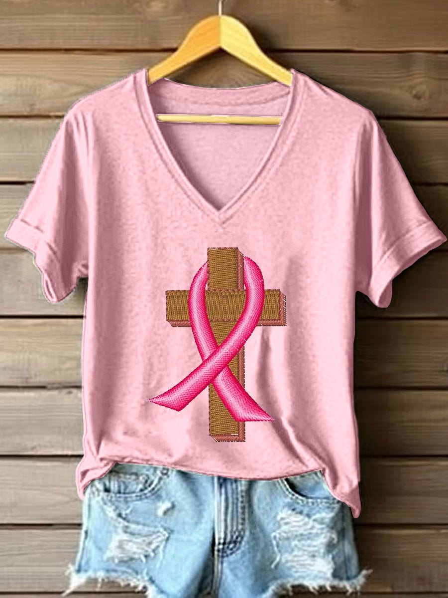 Women's Breast Cancer Awareness Ribbon and Cross Embroidered T-Shirt