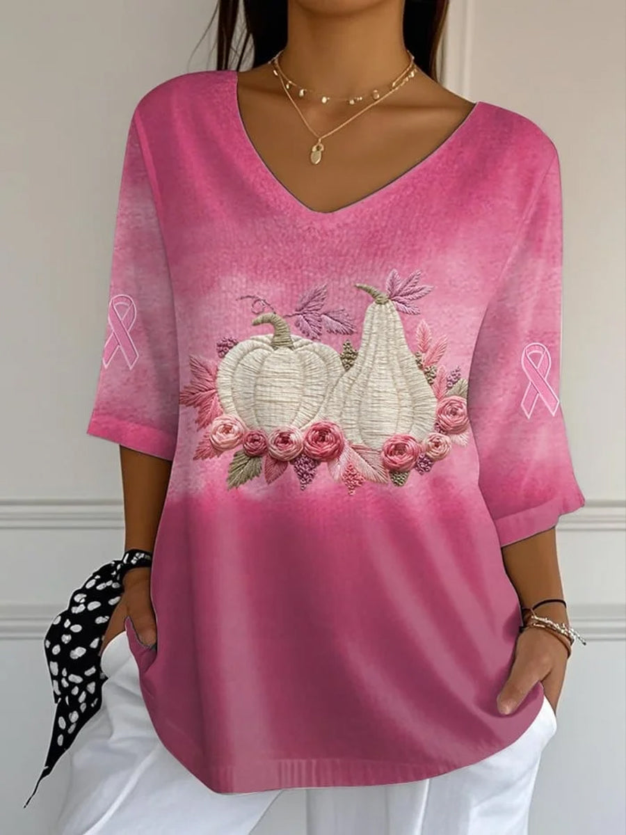 Women's Breast Cancer Awareness Pink Pumpkin Ribbon Printed V-Neck Top