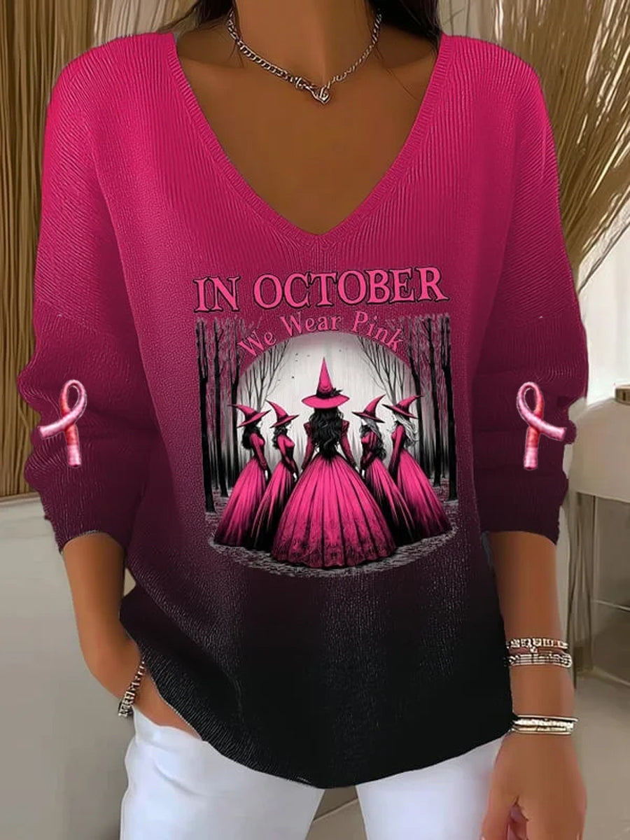Women's Breast Cancer Awareness We Wear Pink Witch Pit Stripe Long Sleeve Top