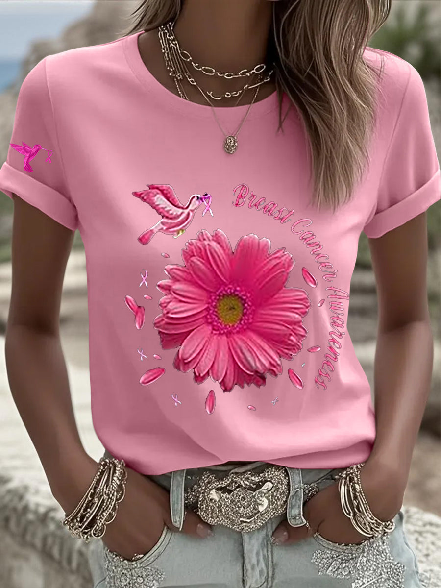 Women's Breast Cancer Awareness Sunflower Pink Ribbon Short Sleeve T-shirt