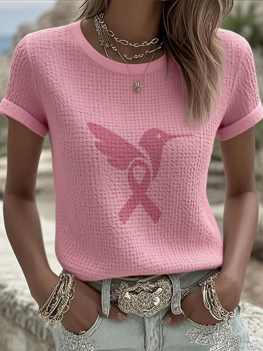Women's Breast Cancer Awareness Pink Hummingbird Print Waffle T-Shirt