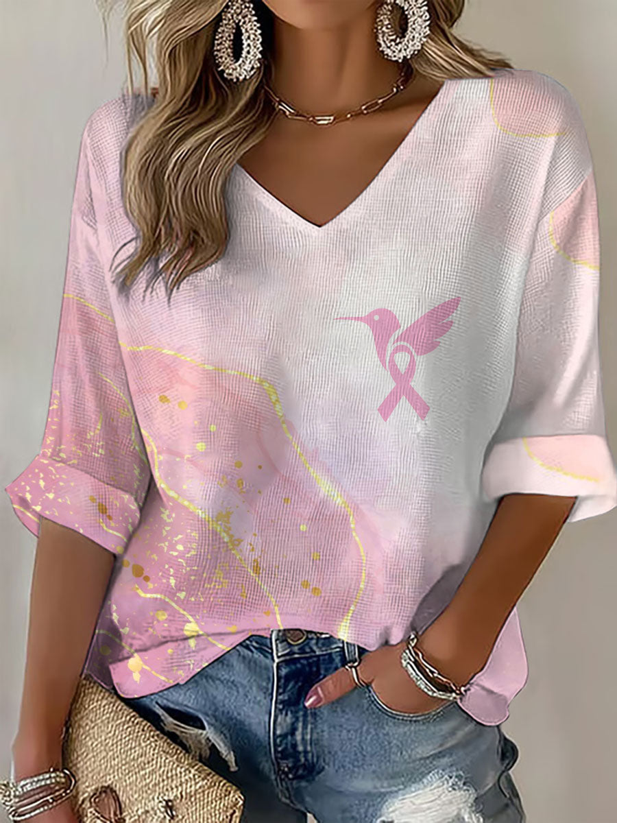 Women's Breast Cancer Awareness Pink Hummingbird V-Neck Waffle Top