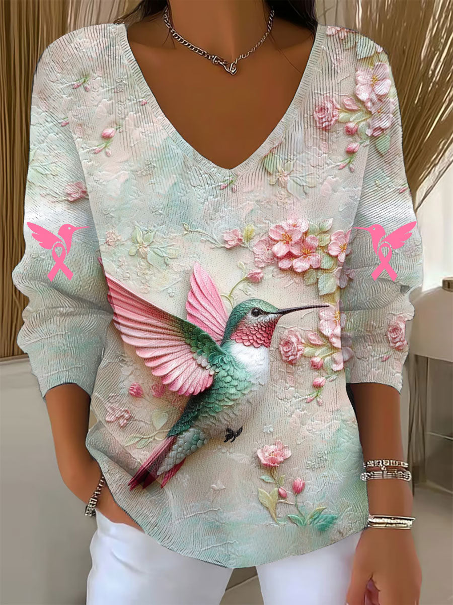 Women's Breast Cancer Awareness Pink Hummingbird Print V-Neck Top