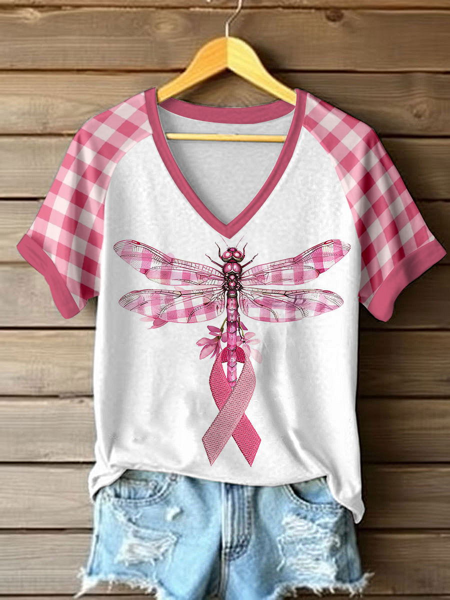 Women's Breast Cancer Awareness Dragonfly V-neck T-shirt
