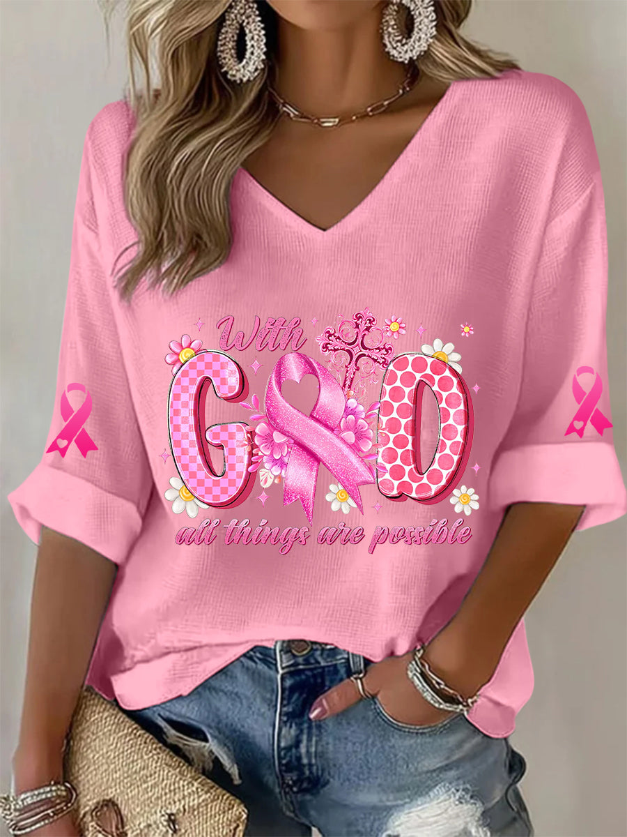 Women's Breast Cancer Awareness Pink Ribbon Waffle T-shirt