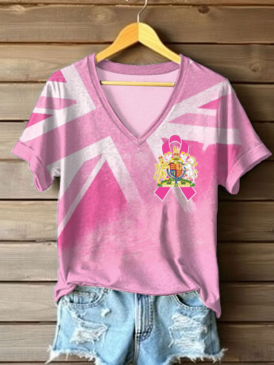 Women's Breast Cancer Awareness UK Flag Print T-shirt