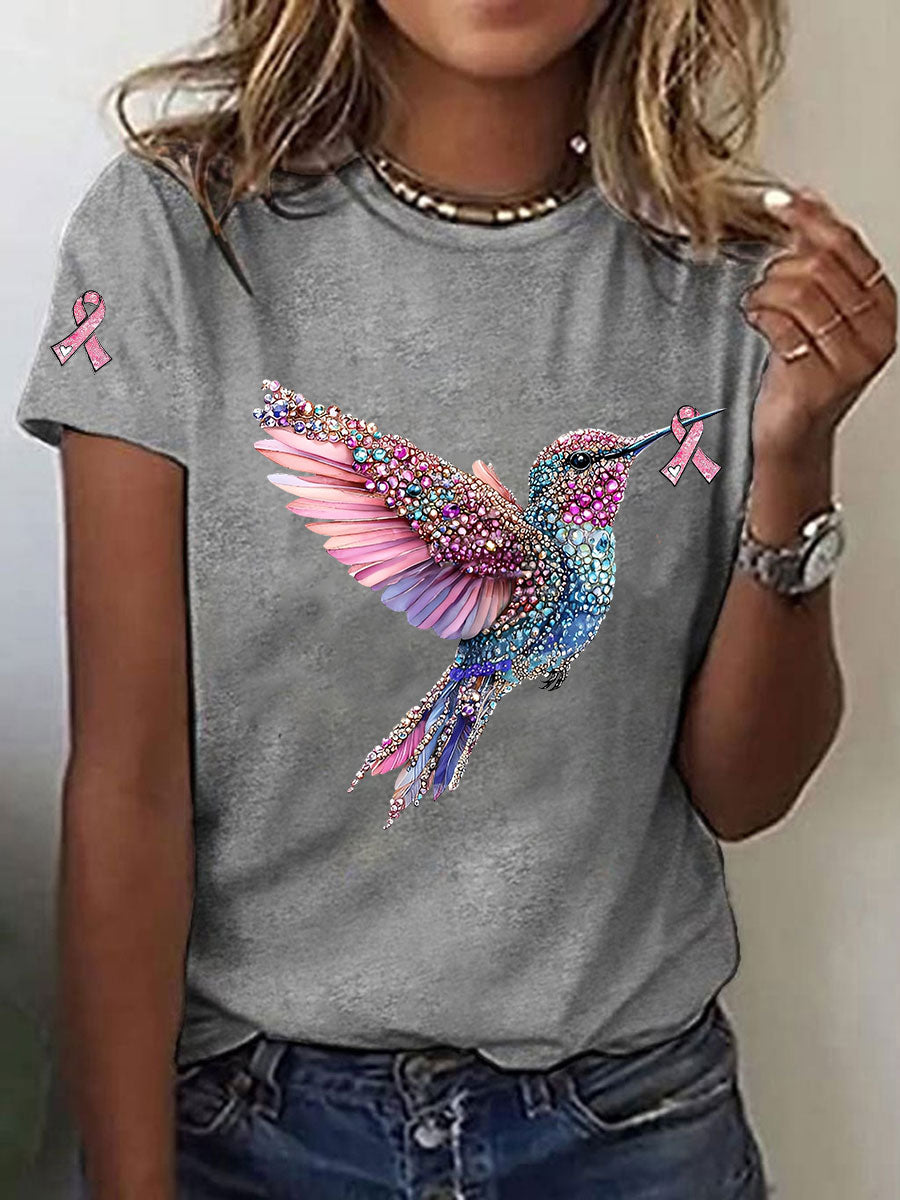 Women's Breast Cancer Awareness Hummingbird Print Casual T-Shirt