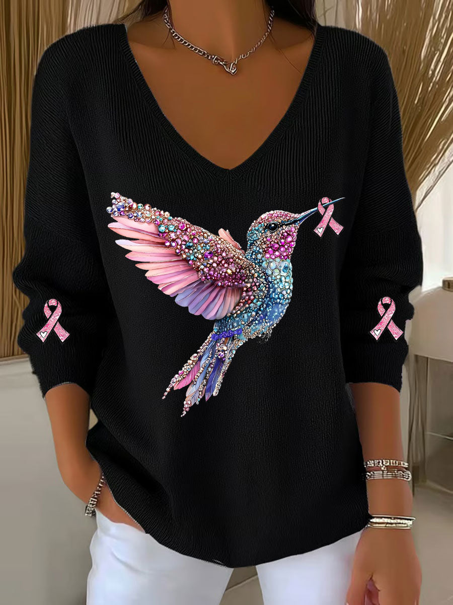 Women's Breast Cancer Awareness Hummingbird Print Casual Top