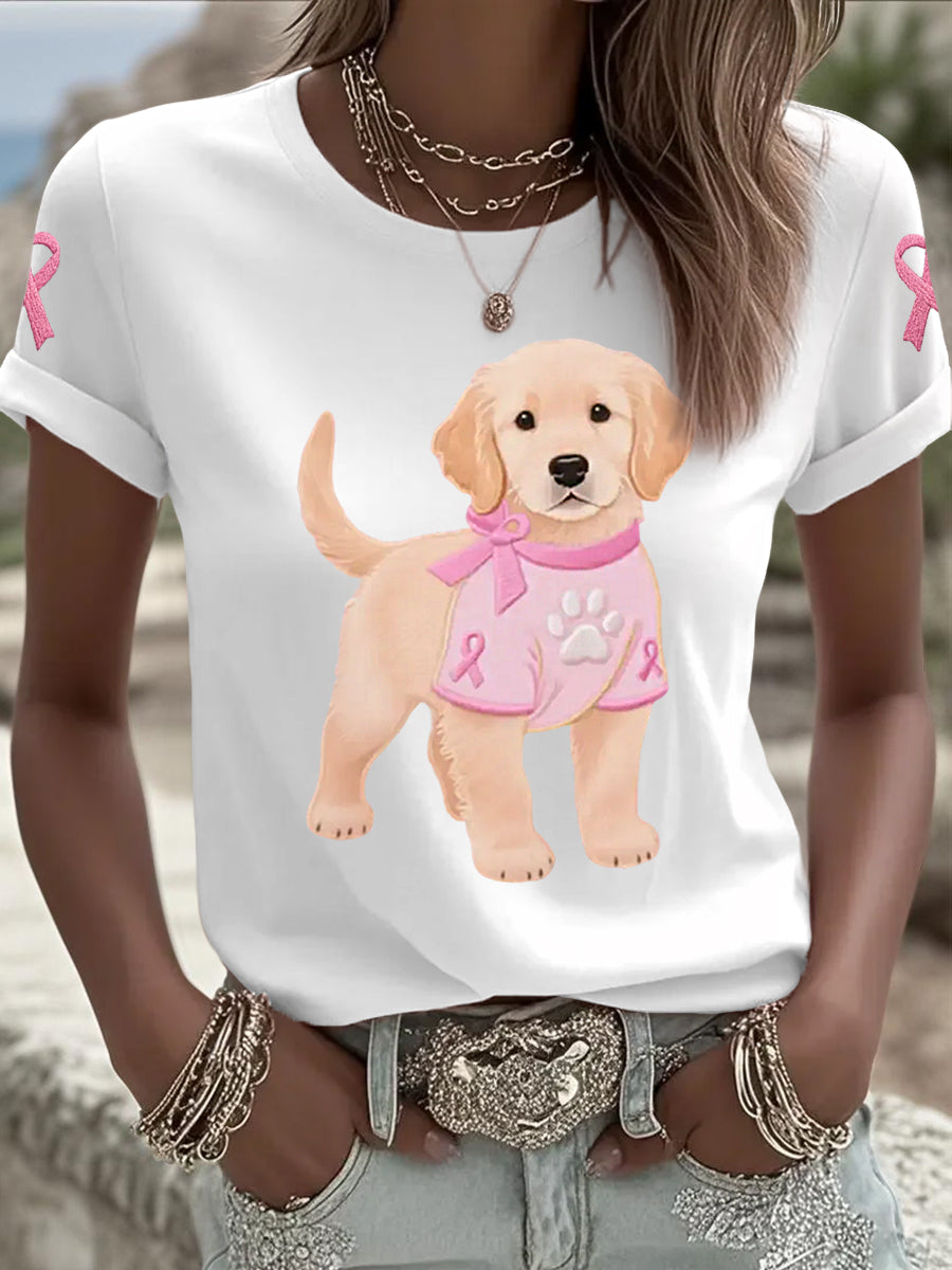 Women's Pink Dog Pink Ribbon Breast Cancer Awareness Support Tee