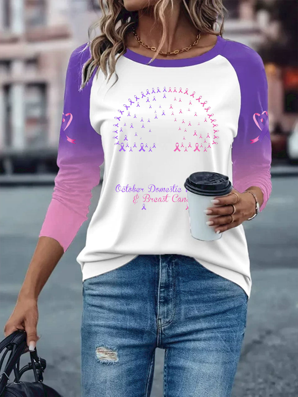 Women's Breast Cancer long-sleeved T-shirt with dropped shoulders