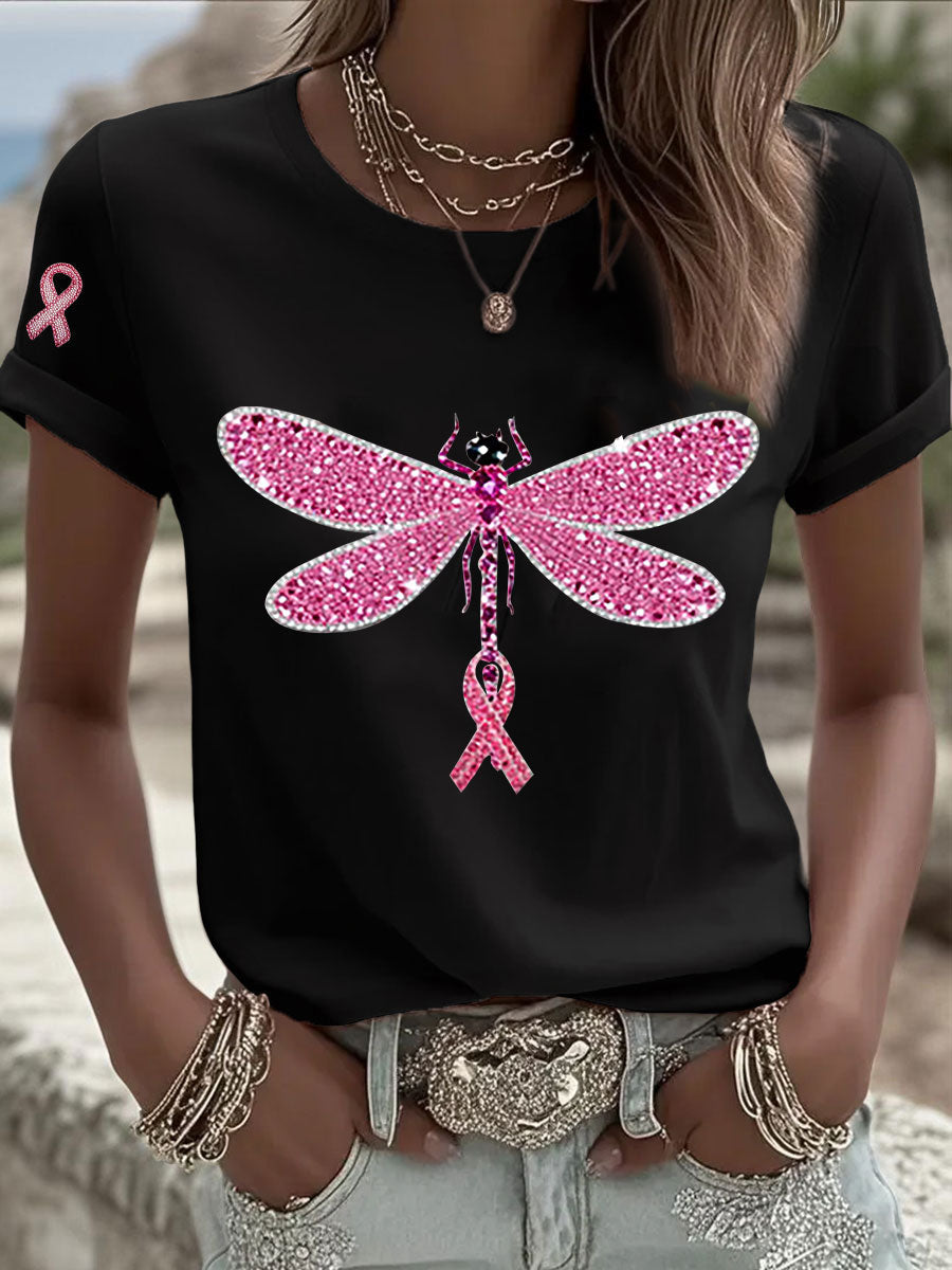 Women's Pink Ribbon Print Casual T-shirt