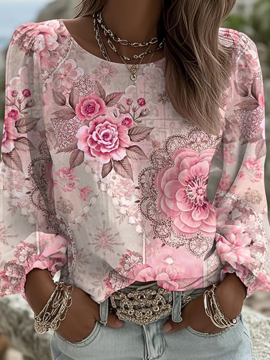 Women's Pink Flower Printed Casual T-shirt