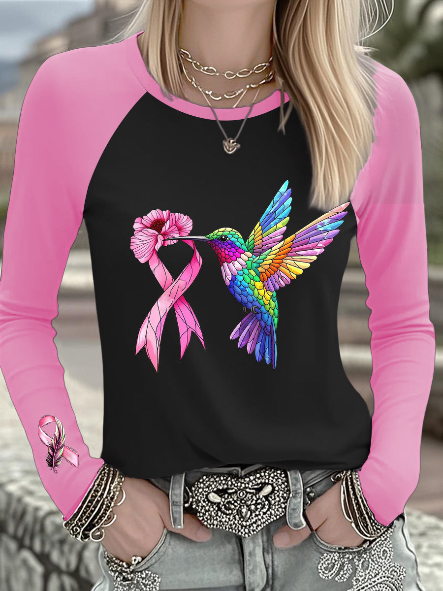 Women's Breast Cancer Hummingbird Pink Ribbon Long-sleeved T-shirt