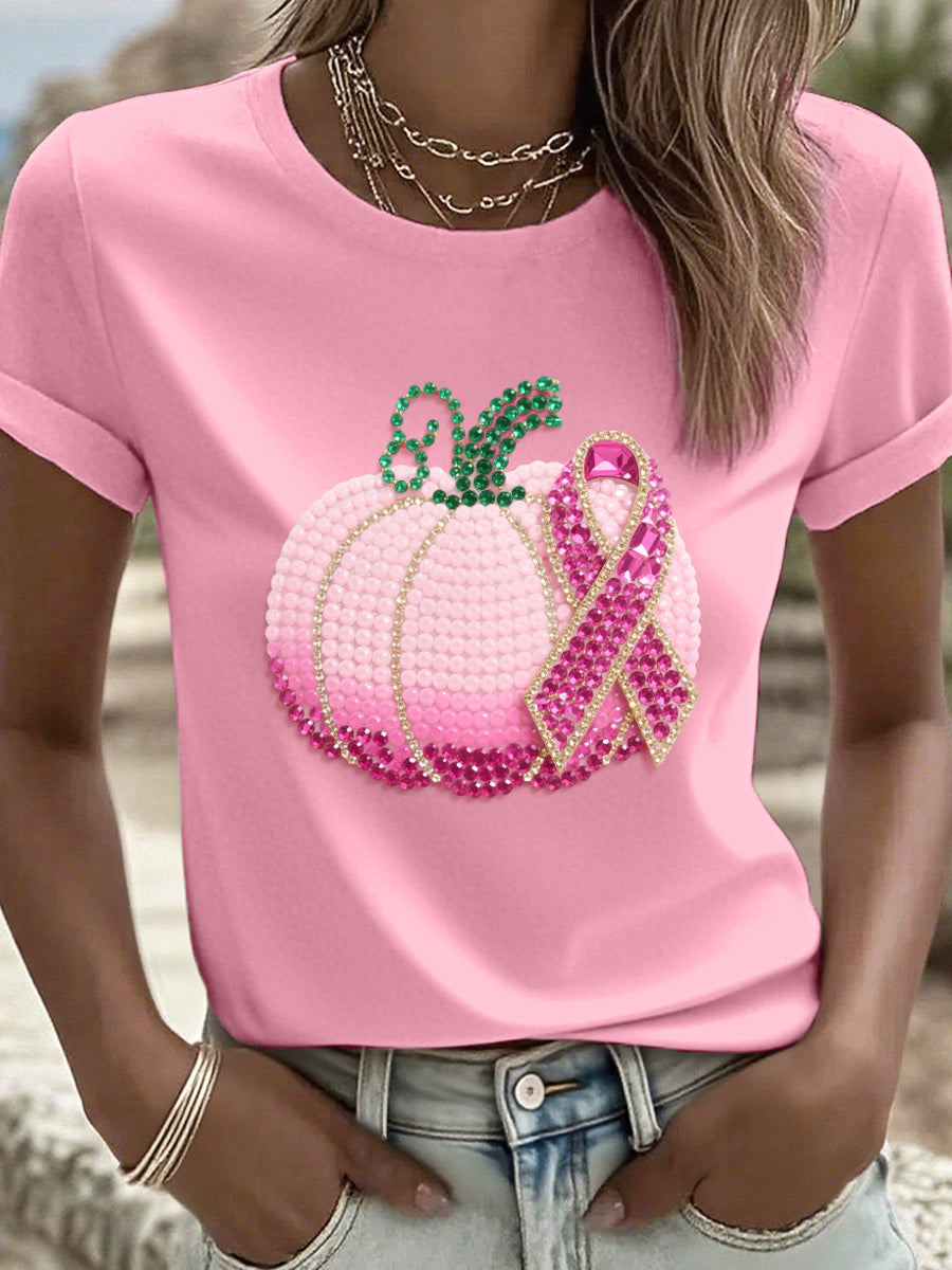 Women's Pink Pumpkin and Ribbon Rhinestone Art T-Shirt