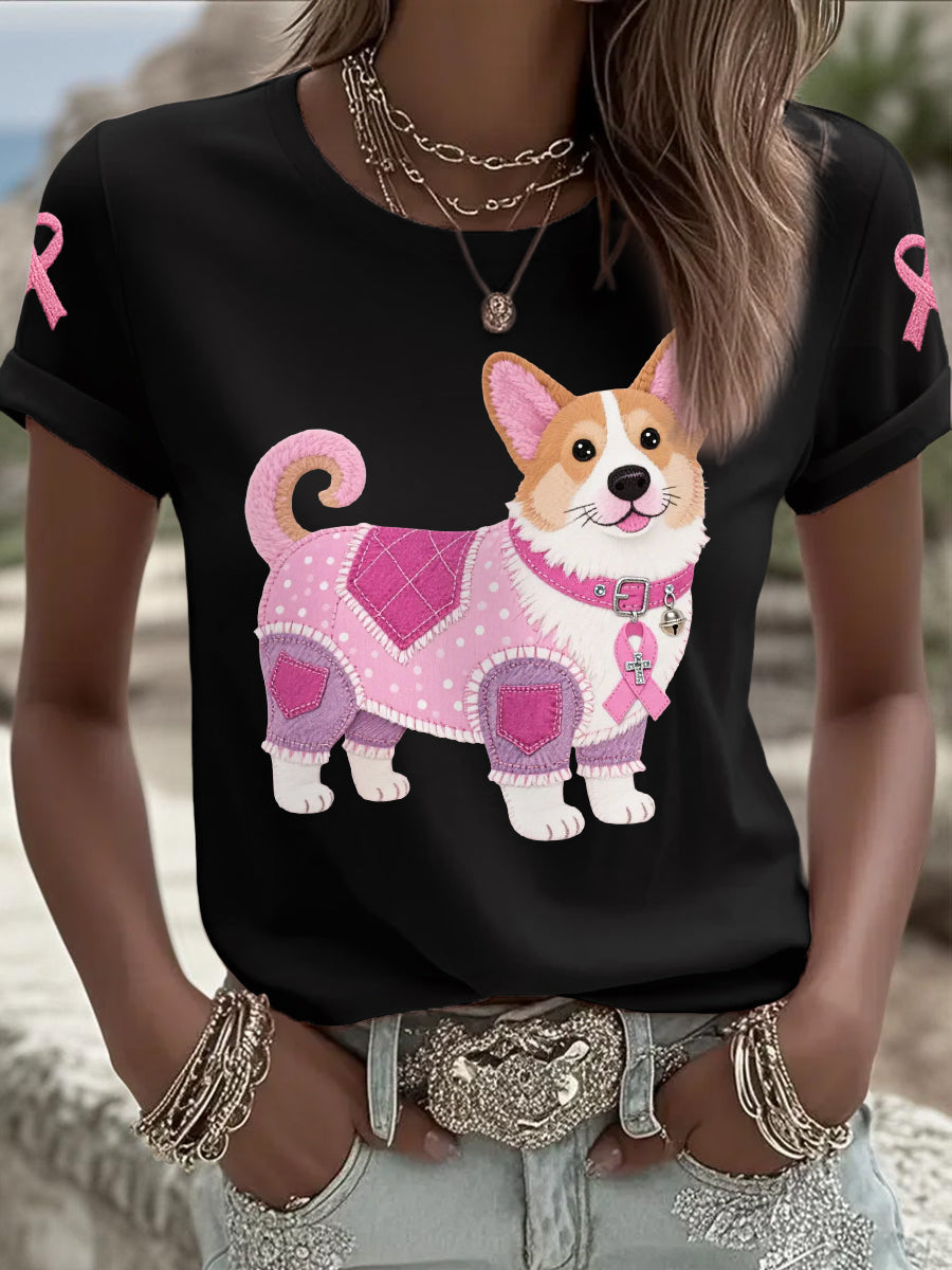 Women's Pink Dog Pink Ribbon Breast Cancer Awareness Support Tee
