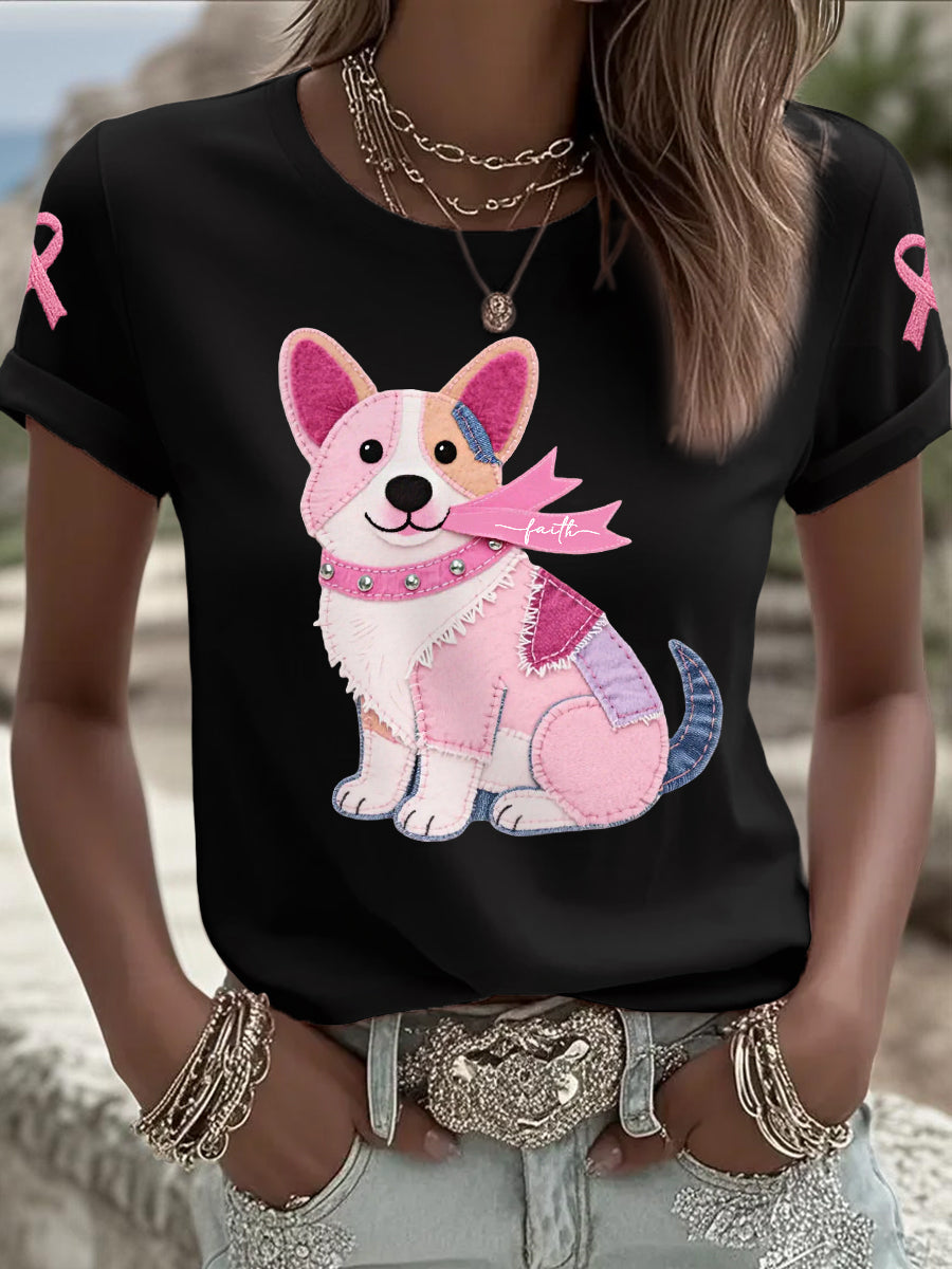 Women's Pink Dog Pink Ribbon Breast Cancer Awareness Support Tee
