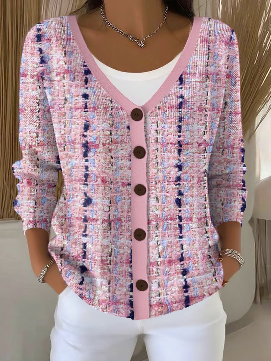 Women's Pink Plaid Print Casual Cardigan