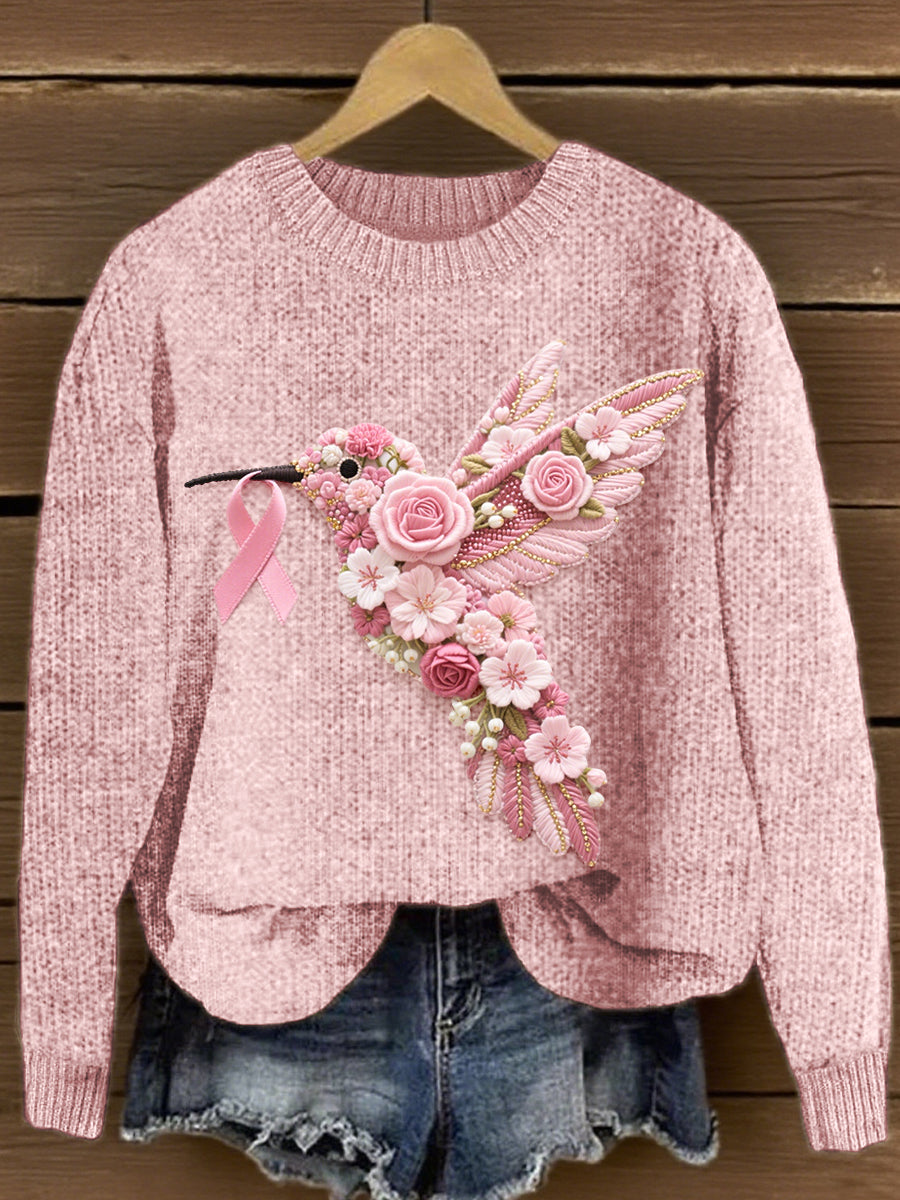 Women's Pink Hummingbird Embroidered Knit Sweater