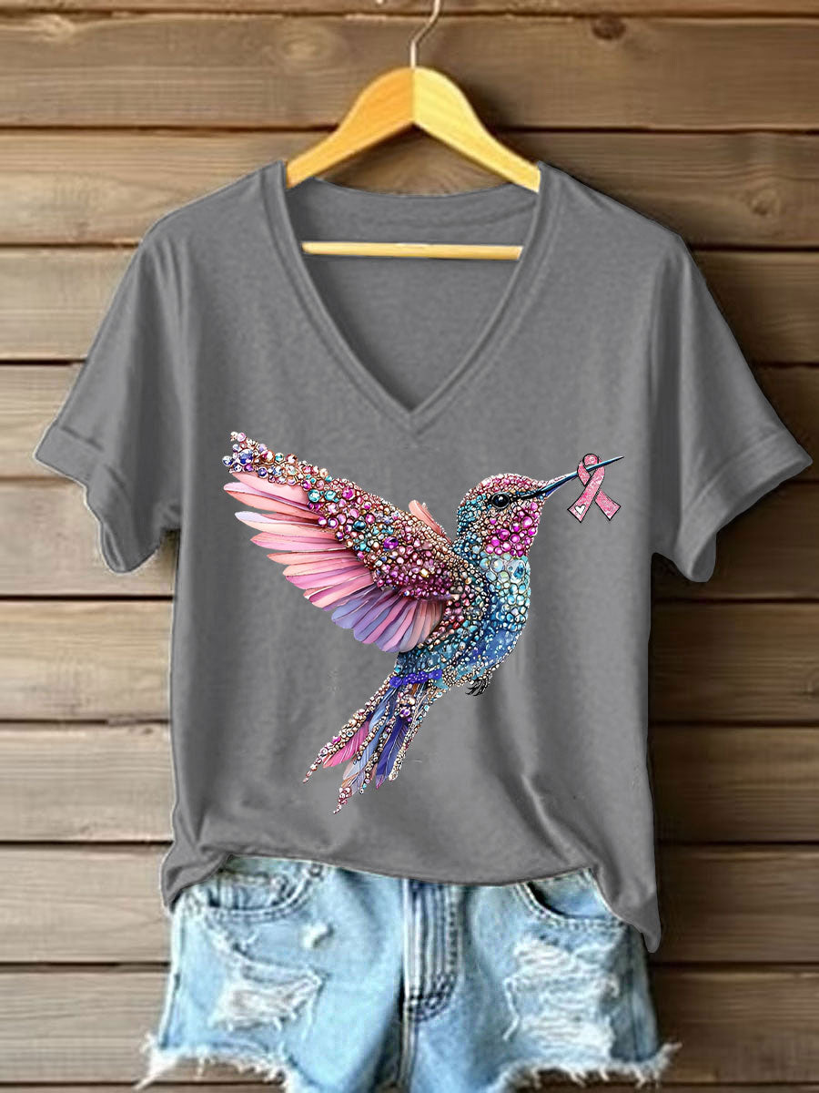Women's Pink Hummingbird Print Casual T-shirt
