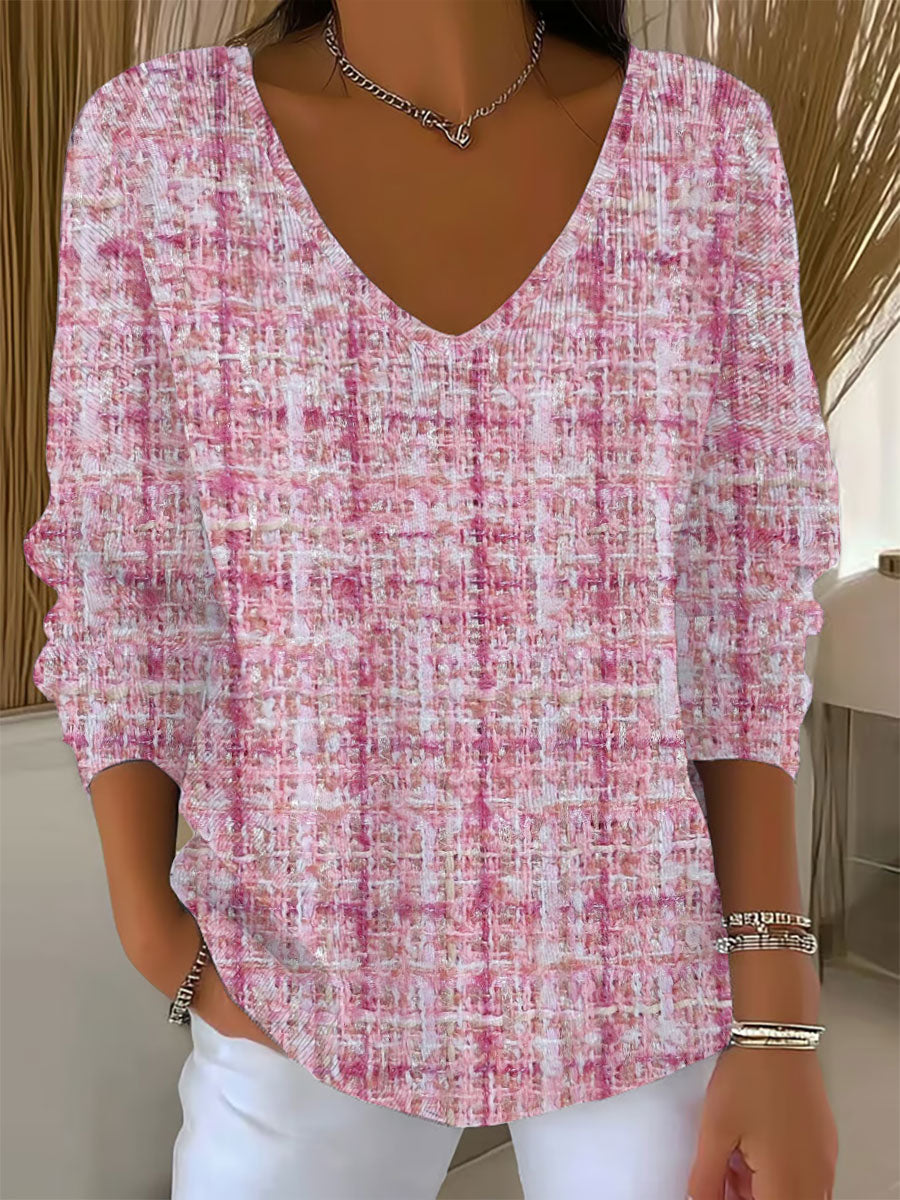 Women's Pink Plaid Print Casual Top