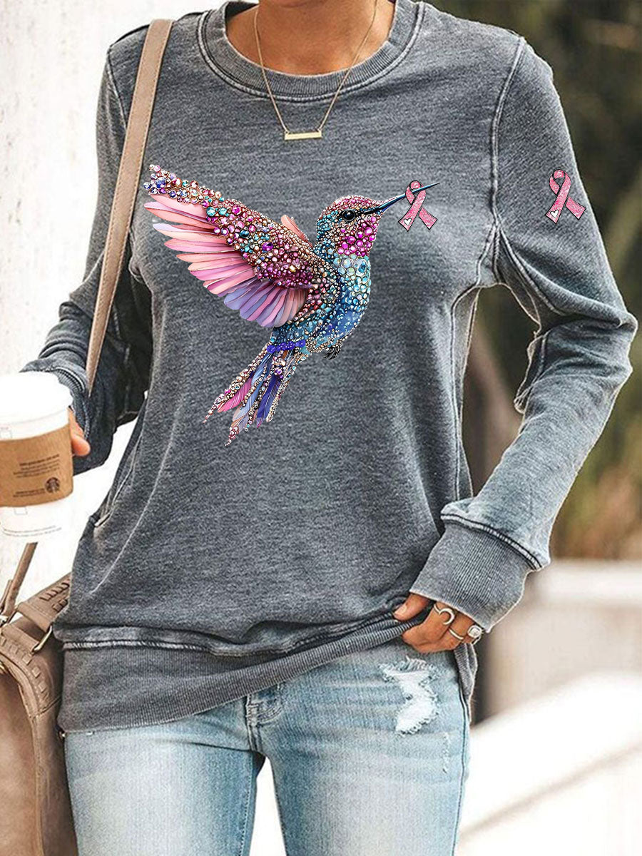 Women's Pink Hummingbird Print Casual Sweatshirt