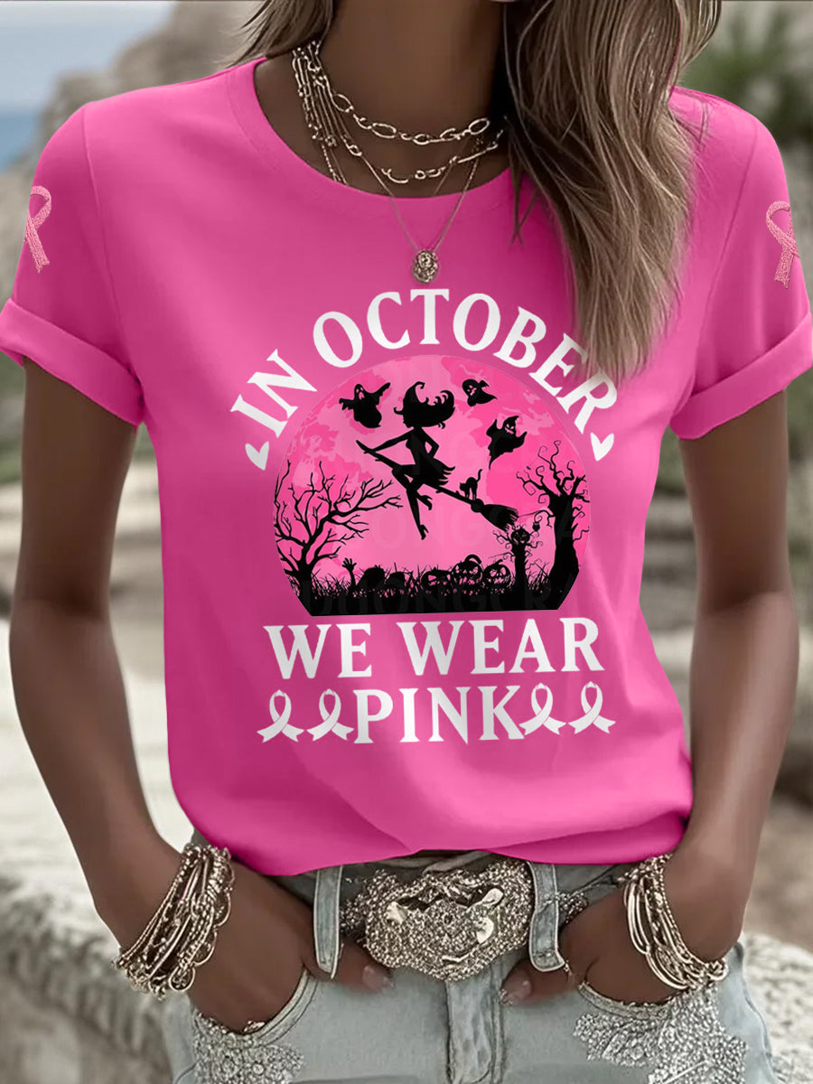 Women's Halloween Witch In October We Wear Pink Breast Cancer Awareness Tee