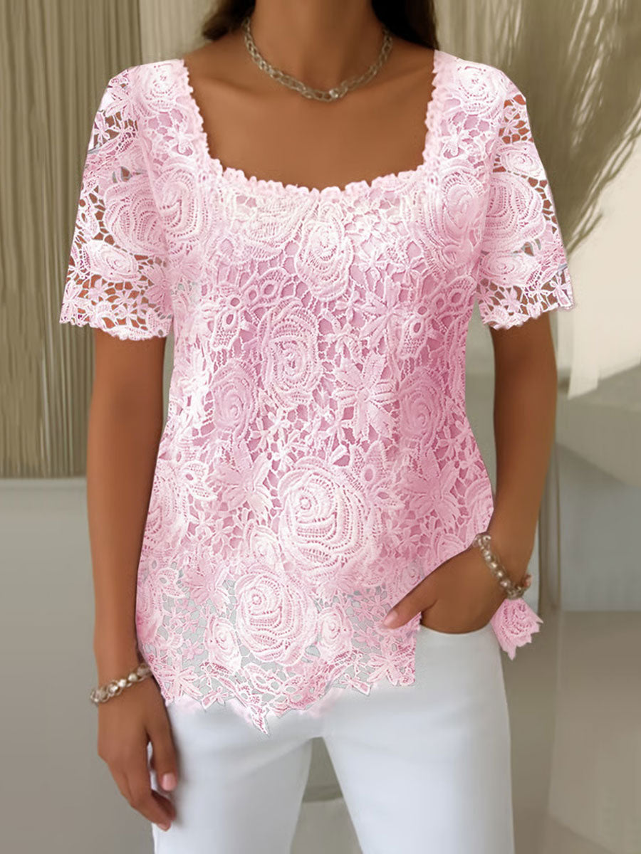 Women's Pink Lace Print Casual T-shirt