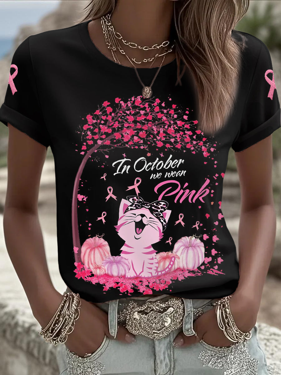 Women's Pink Cat In October We Wear Pink Breast Cancer Awareness Support Tee