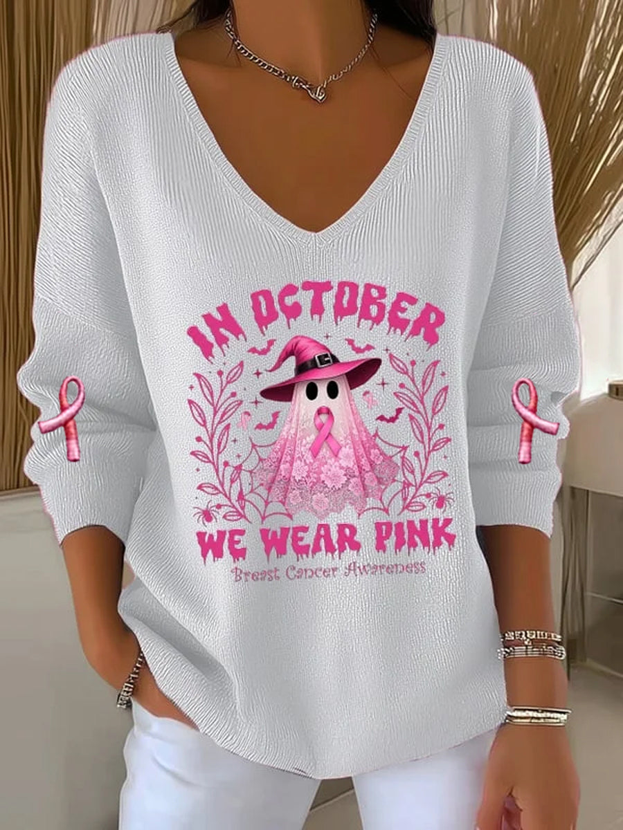 Women's Casual Breast Cancer We Wear October Pink Ghost Pit Stripe Long Sleeve Top