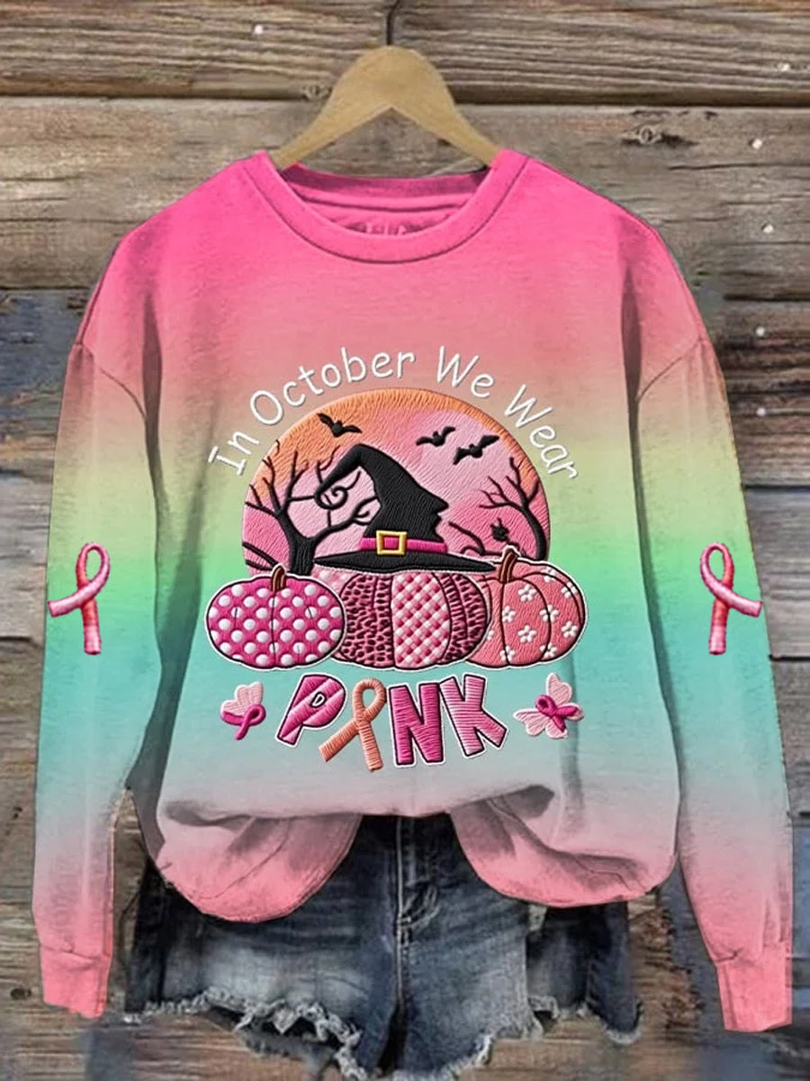 Women's Casual Vintage October We Wear Pink Witch Pumpkin Sweatshirt